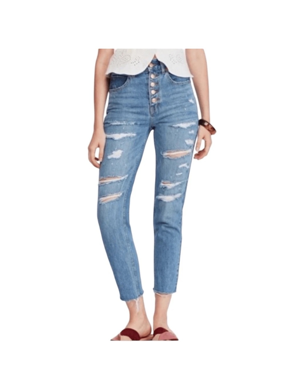 We The Free Light Blue High-Rise Distressed Cropped Jeans